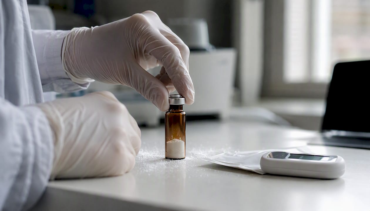 Gloved hands handling lyophilised peptide vial in UK lab