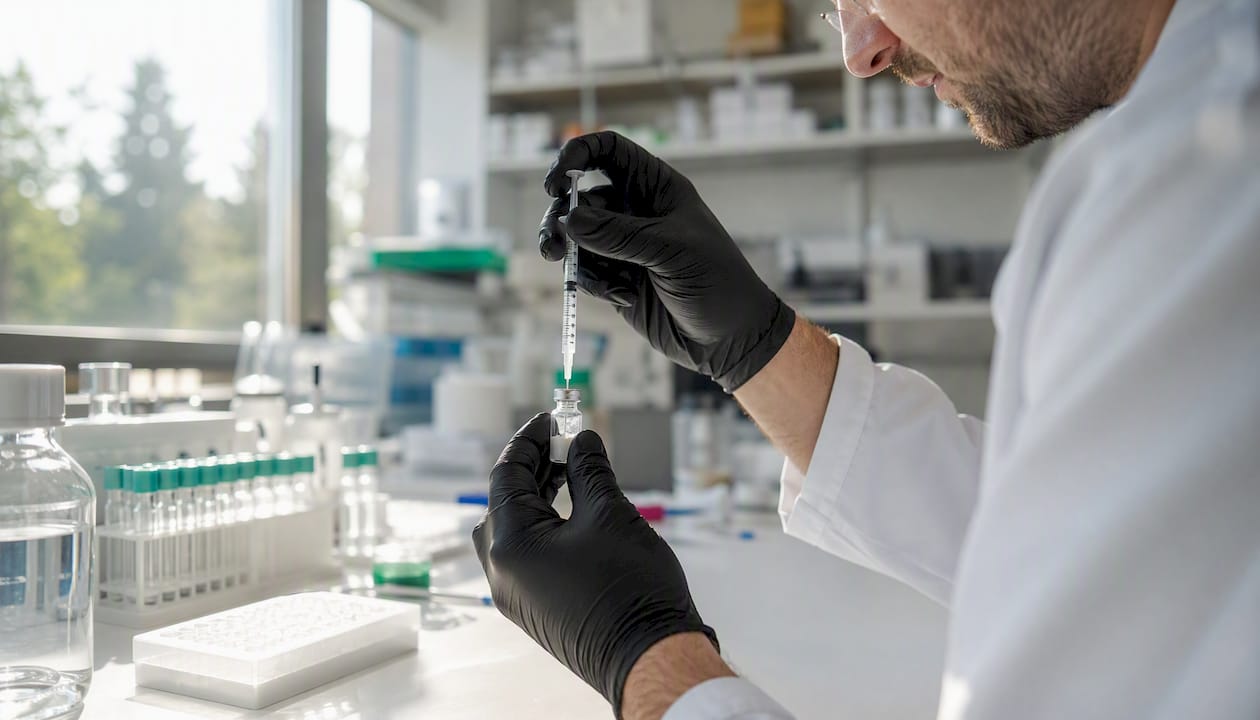 Close-up of injecting solvent into peptide vial